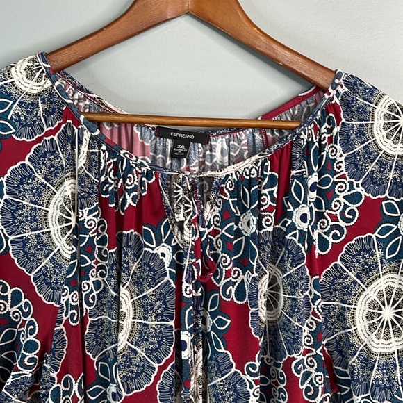 Espresso Asymmetrical Blue and Red Blouse 3/4 Sleeve - Picture 2 of 11